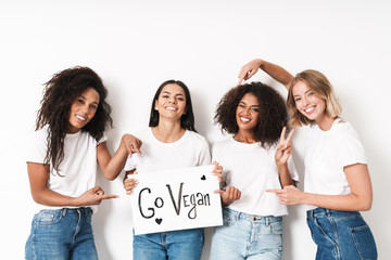 Sticker - Friends posing isolated holding blank with motivation vegan text.