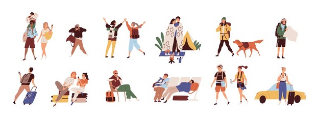 tourists on vacation flat vector illustrations set. young travelers cartoon characters. seasonal rec