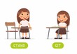 © Nizova Tina - Educational word card with schoolkid vector template. Flash card for foreign language with school student. Opposites concept, stand and sit. Little schoolgirl flat illustration with typography
