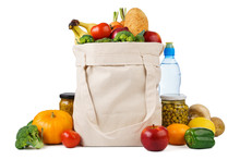 Reusable Shopping Tote Bag Full Of Various Groceries.