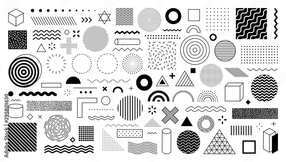 Set of 100 geometric shapes. Memphis design, retro elements for web, vintage, advertisement, commercial banner, poster, leaflet, billboard, sale. Collection trendy halftone vector geometric shapes. - obrazy, fototapety, plakaty 