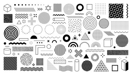 Wall Mural - Set of 100 geometric shapes. Memphis design, retro elements for web, vintage, advertisement, commercial banner, poster, leaflet, billboard, sale. Collection trendy halftone vector geometric shapes.