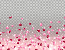 Flowers Petals Falling Effect Isolated On Transparent Background. Vector Red And Pink Rose Elements Backdrop.