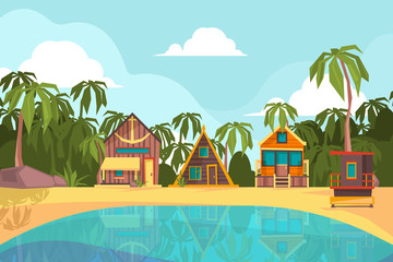 Wall Mural - Bungalow seaside. Summer beach with tropical little house ocean hotel paradise vector background. Sea summer bungalow, tropical seaside paradise illustration