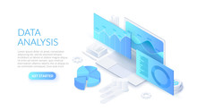 Data Analysis Design Concept With Laptop. Isometric Vector Illustration. Landing Page Template For Web.