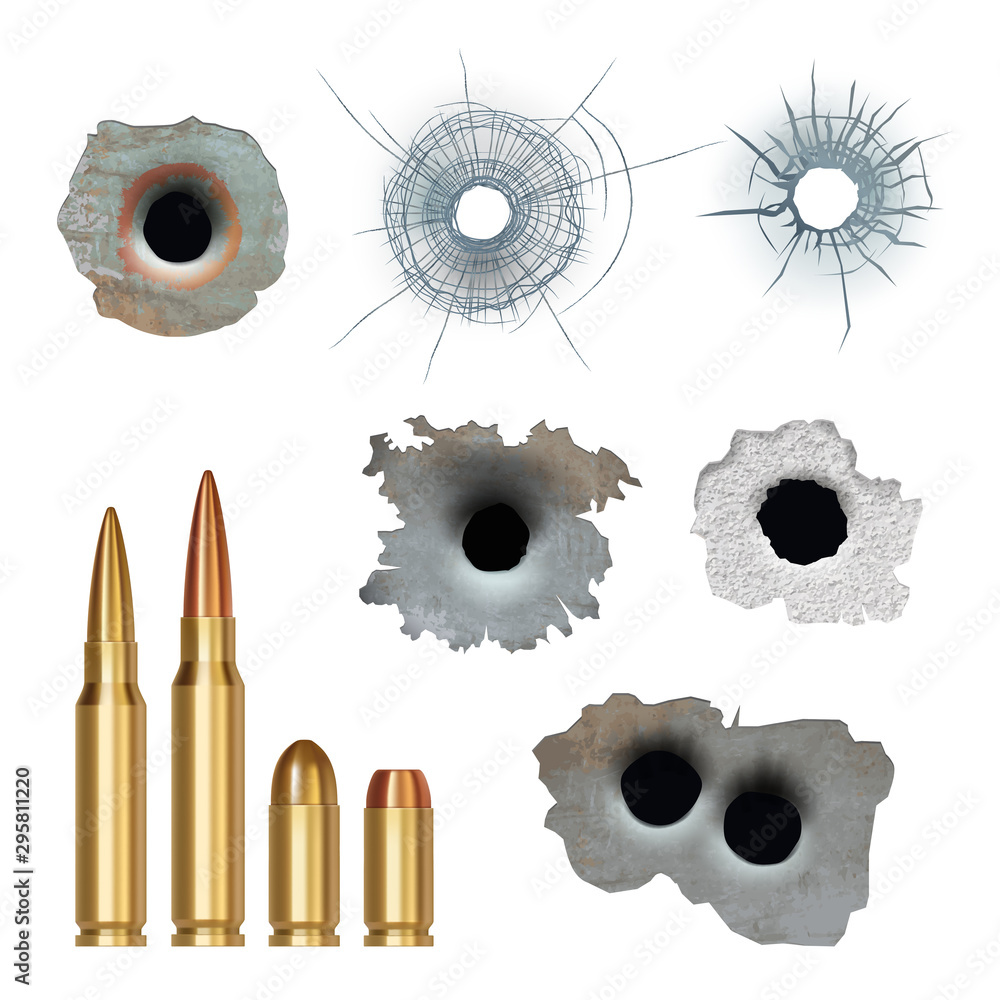 Bullets realistic. Damaged cracked gun holes surfaces and bullets different caliber armor rifles vector collection. Illustration damage from gun weapon, crack of bullet - obrazy, fototapety, plakaty 
