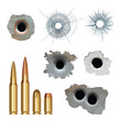 Bullets realistic. Damaged cracked gun holes surfaces and bullets different caliber armor rifles vector collection. Illustration damage from gun weapon, crack of bullet