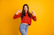 Photo of cute nice charming fascinating gorgeous beautiful youngster adverting herself wearing jeans denim pointing at herself with thumbs isolated vivid color yellow background