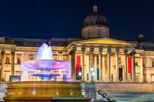 Fountain And The National Gallery On Trafalgar Square In London, England