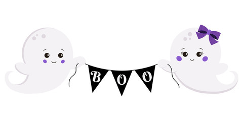 Sticker - Vector clipart illustration cute, scary boy and girl ghost with boo triangles banner isolated on white background.