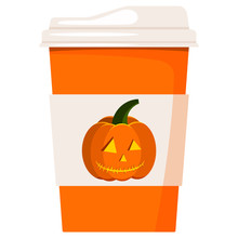 Vector Flat Design Coffee Or Tea Cup Decorated Cartoon Orange Jack Lantern Pumpkin Isolated On White Background.