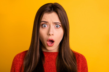 Sticker - Close up photo of cute nice charming youngster frightened with mouth open in shouting isolated over vibrant color background