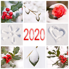 Wall Mural - 2020, snow and winter red and white nature photos collage, new year greeting card