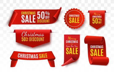 Canvas Print - Christmas Sale Tags collection. Red scrolls and banners isolated. Merry Christmas and Happy New Year labels. Vector Price Tags illustration