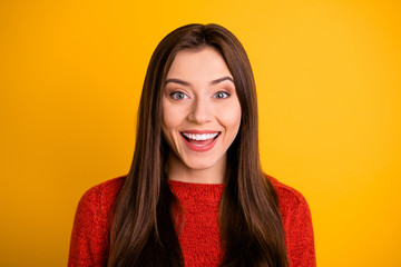 Close up photo of cute astonished girl hear wonderful incredible information about black friday scream shout wow omg wear red pullover isolated over yellow color background