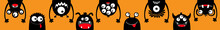 Happy Halloween. Hanging Monster Black Silhouette Head Face Icon Set Line. Eyes, Tongue, Tooth Fang, Hands Up. Cute Cartoon Kawaii Scary Funny Baby Character. Orange Background. Flat Design.
