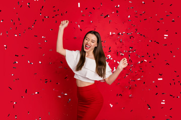 Wall Mural - Portrait of her she nice-looking attractive lovely winsome fascinating feminine cheerful cheery positive lady having fun disco clubbing isolated on bright vivid shine red background