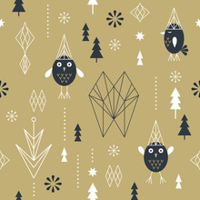 Seamless Christmas Pattern With Stylized Snowflakes, Cute Birds Owls And Geometric Shapes, Fabric Design Or Gift Paper, Wrapping Print