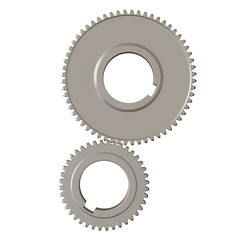 Two metal gears on a white background, isolate. 3D rendering of excellent quality in high resolution. It can be enlarged and used as a background or texture.