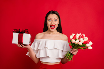 Poster - Portrait of sweet millennial have giftbox floral dream for 8-march 14-february scream wow omg dressed off-shoulders isolated over red background