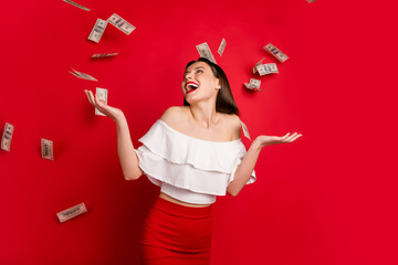 Poster - Portrait of attractive youth looking windfalling banknotes scream laugh isolated over red background