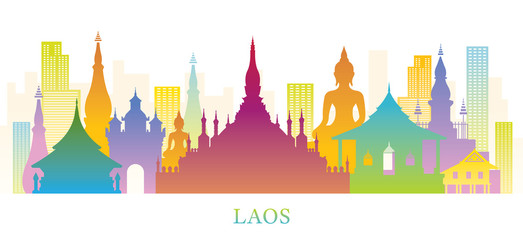 Wall Mural - Laos Skyline Landmarks Colorful Silhouette Background