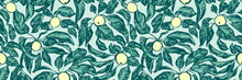 Vintage Hand Drawing Apple Tree Branches Seamless Pattern. Vector Fruit And Leaf On Blue Background. Graphic Grunge Endless Ink Drawn Illustration