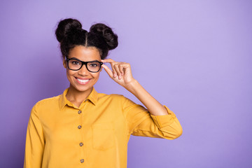 Sticker - Closeup photo of pretty business dark skin lady ready for studying process touching eyeglasses perfect eyesight wear specs yellow shirt isolated purple color background