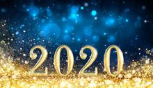 Happy New Year 2020 - Metal Number With Golden Glitter In Shiny Night