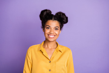 Wall Mural - Closeup photo of amazing pretty dark skin lady in perfect mood beaming smiling on camera wear yellow shirt isolated on purple color background