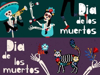 Wall Mural - Dia de los muertos flat vector greeting card templates set. Traditional Mexican and Spanish holiday celebration banner layouts collection. Day of Dead party invitation cartoon designs pack