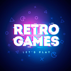 Wall Mural - Vector Illustration Retro Games Neon Sign. Game Logo With Glitch Effect.