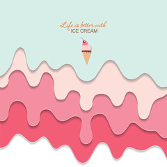 Melted flowing ice cream background. 3d paper cut out layers. Pastel pink and blue. Girly. For notebook cover, greeting card cute design. Vector