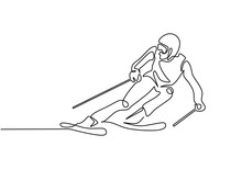 Continuous Line Ski Racer Drawings Vector Illustration. Man Doing Winter Sport Theme.