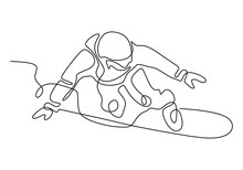 Vector Illustration Of Skiing Young Pro Guy In The Mountains, And Snowboarding. Continuous One Line Drawing. Minimalism Design.