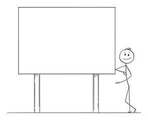 Sticker - Vector cartoon stick figure drawing conceptual illustration of man or businessman leaning towards and pointing at big empty billboard ready for your text.