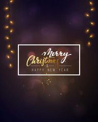 Wall Mural - Night lilac background, Christmas lights garlands hanging. Merry Christmas and Happy New Year. Xmas Holiday template. greeting card, web poster. vector illustration