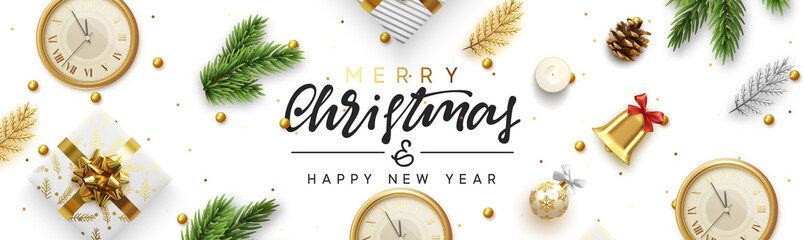Wall Mural - Christmas banner. Background Xmas objects viewed from above. Text Merry Christmas and happy New Year. Xmas realistic decorative design elements. Horizontal poster, website header, flat top view.