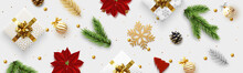 Christmas Banner. Background Xmas Objects Viewed From Above, Realistic Decorative Design Elements. Merry Christmas And Happy New Year. Horizontal Poster, Website Header, Flat Top View.