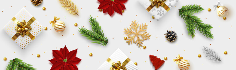 Wall Mural - Christmas banner. Background Xmas objects viewed from above, realistic decorative design elements. Merry Christmas and happy New Year. Horizontal poster, website header, flat top view.