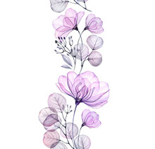 Transparent Watercolor Rose. Seamless Vertical Border. Isolated Hand Drawn Arrangement With Big Purple Flowers, Eucalyptus And Berries For Wedding Design, Stationery Card Print