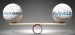 Spontaneous and planned in balance - pictured as balanced balls on scale that symbolize harmony and equity between Spontaneous and planned that is good and beneficial., 3d illustration