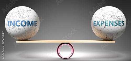 Fotomural Income and expenses in balance - pictured as balanced balls on scale that symbolize harmony and equity between Income and expenses that is good and beneficial