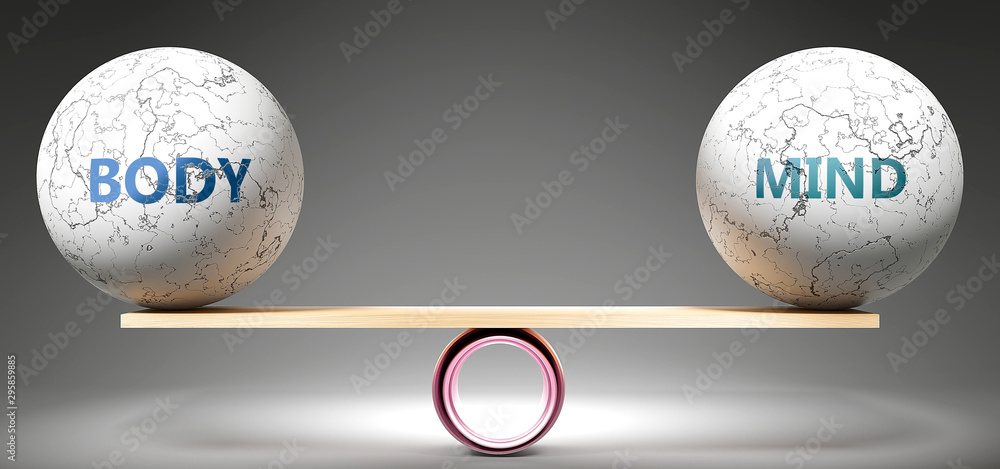 Body and mind in balance - pictured as balanced balls on scale that symbolize harmony and equity between Body and mind that is good and beneficial., 3d illustration - obrazy, fototapety, plakaty 