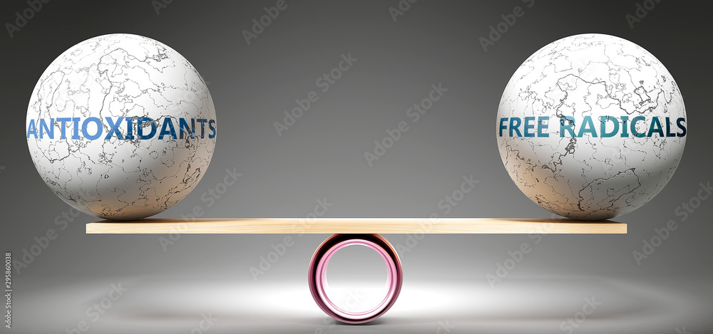 Antioxidants and free radicals in balance - pictured as balanced balls on scale that symbolize harmony and equity between Antioxidants and free radicals that is good and beneficial., 3d illustration - obrazy, fototapety, plakaty 