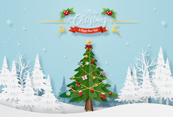 origami paper art of christmas tree with decoration in the forest with snowing, merry christmas and 