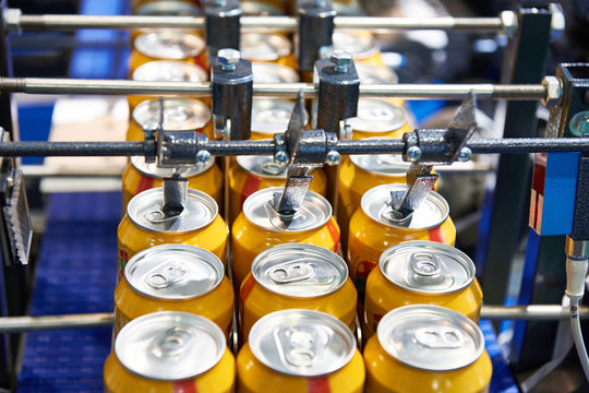 Beer can conveyor at factory