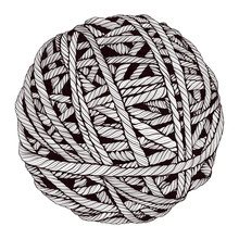 Illustration Of A Woolen Ball Of Yarn, Thread. White And Black Graphics. Close-up. Vintage Engraving Style. Hand Drawing Sketch Isolated On A White Background. Template For Logo Design, Tattoos Etc.