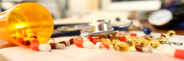 Sticker - Pile of tablets lying over prescription application form