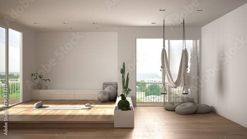 Empty Yoga Studio Interior Design Open Space With Mats Hammock Pillows And Accessories Succulent Plants Parquet Big Panoramic Windows Ready For Yoga Practice Meditation Room Buy This Stock Illustration And Explore